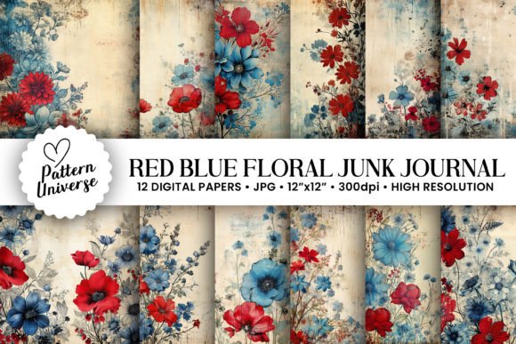 Red Blue Floral Junk Journal Backgrounds for Your Projects